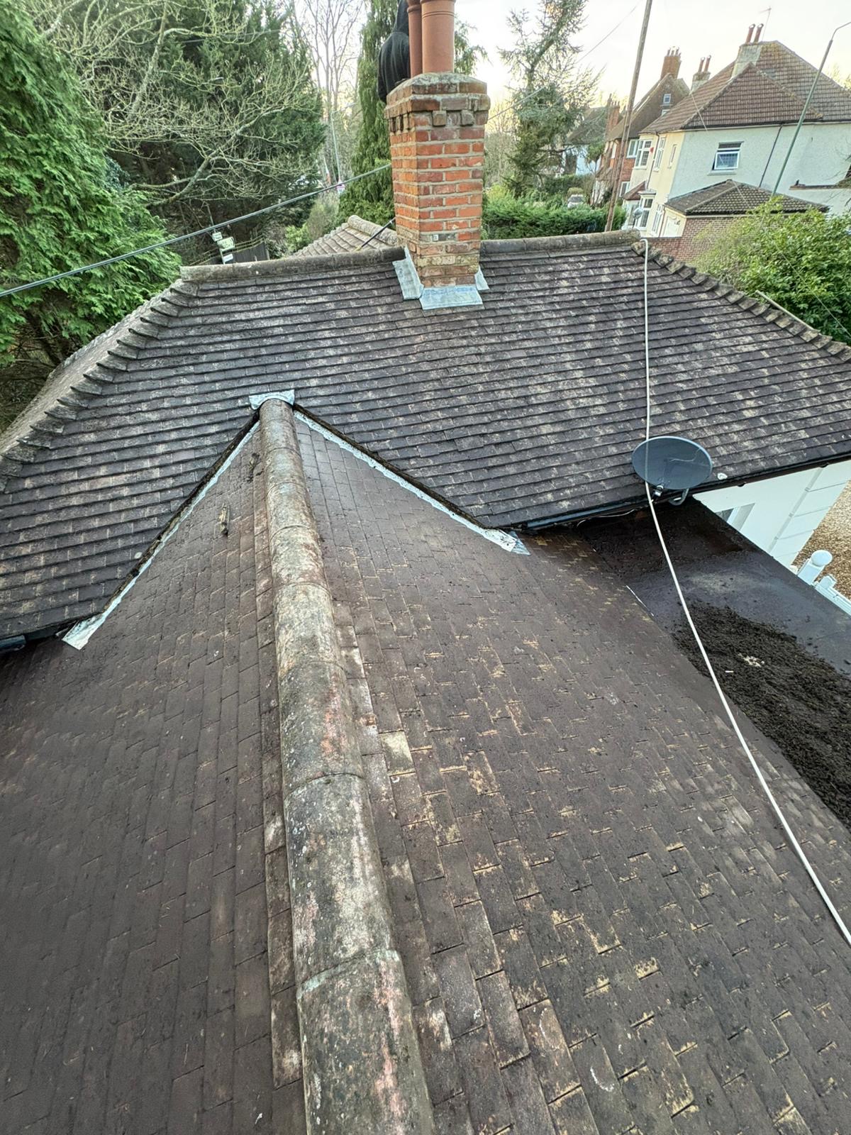 A roof ridge with heavy moss build up before clearing